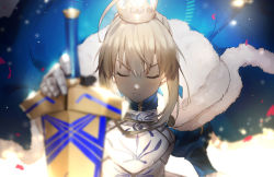 Rule 34 | 1girl, ahoge, armor, armored dress, artoria pendragon (all), artoria pendragon (fate), blonde hair, blue cape, blue dress, blurry, braid, cape, closed eyes, closed mouth, crown, depth of field, dress, excalibur (fate/stay night), facing viewer, fate/grand order, fate (series), french braid, fur-trimmed cape, fur trim, gauntlets, highres, holding, holding sword, holding weapon, light, light particles, long sleeves, no-kan, saber (fate), sidelocks, solo, sword, turtleneck, turtleneck dress, v-shaped eyebrows, weapon