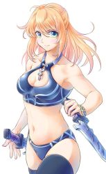 Rule 34 | 1girl, 359 oekaki, aqua eyes, bare shoulders, black thighhighs, blonde hair, breasts, cleavage, cleavage cutout, clothing cutout, fiora (xenoblade), long hair, looking at viewer, medium breasts, navel, nintendo, simple background, smile, solo, standing, swimsuit, sword, thighhighs, weapon, xenoblade chronicles (series), xenoblade chronicles 1