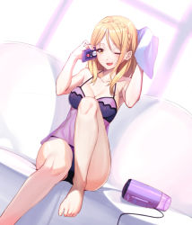 Rule 34 | 1girl, ;d, absurdres, arm behind head, babydoll, barefoot, blonde hair, braid, breasts, cellphone, cleavage, commentary request, crown braid, dutch angle, ginopi, hair dryer, highres, holding, holding phone, knee up, lingerie, long hair, love live!, love live! sunshine!!, medium breasts, ohara mari, one eye closed, open mouth, panties, phone, sitting, smartphone, smile, solo, talking on phone, towel, underwear, yellow eyes