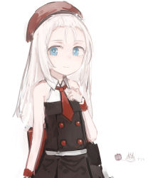 Rule 34 | arm up, belt, beret, blue eyes, blush, buttons, closed mouth, collar, collared dress, commentary request, dress, girls&#039; frontline, hand on own chest, hat, highres, long hair, looking at viewer, mp5 (girls&#039; frontline), necktie, rampart1028, red hat, red necktie, red wristband, simple background, sleeveless, sleeveless dress, smile, solo, upper body, white background, white collar, white hair, wristband