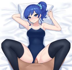 Rule 34 | 1boy, 1girl, aikatsu!, aikatsu! (series), aqua scrunchie, armpits, arms up, bare arms, bare shoulders, bed sheet, black thighhighs, blue eyes, blue hair, blue one-piece swimsuit, blush, breasts, censored, closed mouth, clothed female nude male, clothed sex, clothing aside, collarbone, commentary request, competition school swimsuit, darkside ochinpo burst, feet out of frame, hair ornament, hair scrunchie, hetero, high ponytail, kiriya aoi, legs up, looking at viewer, lying, medium breasts, missionary, mosaic censoring, nose blush, nude, on back, one-piece swimsuit, penis, pillow, pillow grab, pov, pussy, school swimsuit, scrunchie, sex, short hair, side ponytail, sidelocks, smile, solo focus, spread legs, swimsuit, swimsuit aside, thighhighs, vaginal