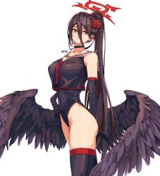Rule 34 | 1girl, 2049 (hh5566), black choker, black gloves, black hair, black wings, blue archive, breasts, choker, covered navel, crop top, elbow gloves, feathered wings, flower, gloves, hair flower, hair ornament, halo, hasumi (blue archive), high ponytail, highleg, highleg leotard, large breasts, large wings, leotard, long hair, low wings, mole, mole under eye, ponytail, sailor collar, shirt, sleeveless, sleeveless shirt, solo, wings
