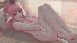 Rule 34 | 1girl, au ra, barefoot, blue eyes, breasts, completely nude, dragon horns, dragon tail, feet, final fantasy, final fantasy xiv, horns, large areolae, large breasts, lips, long hair, looking at viewer, lying, nail polish, nipples, nude, on back, pale skin, pink hair, plexi, ponytail, scales, solo, soranamae, tail, toenail polish, toenails, toes, veins, veiny breasts