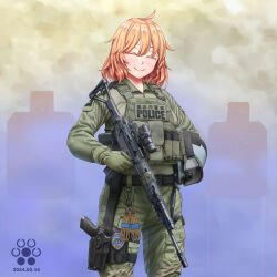 Rule 34 | 1girl, assault rifle, camouflage, closed eyes, dated, gloves, green gloves, green jacket, green pants, gun, highres, howa type 89, jacket, jpc, looking at viewer, orange hair, original, pants, police, police uniform, policewoman, rifle, silhouette target, smile, solo, uniform, weapon, woodland camouflage