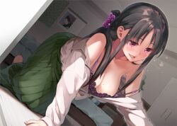 1girl all_fours artist_request black_hair bokutachi_no_remake bra breasts character_request closed_mouth commentary_request green_skirt lace lace-trimmed_bra lace_trim large_breasts light_blush long_hair long_skirt long_sleeves mole mole_on_breast off_shoulder official_art partially_unbuttoned pink_eyes pleated_skirt purple_bra shirt skirt smile solo strap_slip underwear white_shirt