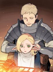 Rule 34 | 1boy, 1girl, armor, asymmetrical bangs, backpack, bag, bags under eyes, bib, blonde hair, blue capelet, braid, brown background, capelet, chopsticks, closed eyes, commentary, cooking, dressing another, drooling, dungeon meshi, elf, english commentary, exhausted, fire, food, french braid, green eyes, grey hair, grill, grilling, hair over one eye, highres, laios touden, light particles, long hair, long sleeves, marcille donato, meat, out of frame, pauldrons, plate armor, pointy ears, shirt, short hair, shoulder armor, smile, twitter username, tying, undercut, upper body, vambraces, white shirt, wooni