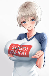 Rule 34 | 1girl, absurdres, blue eyes, blush, breast hold, breast lift, breasts, breasts squeezed together, collarbone, female focus, grey hair, grin, hair behind ear, hair between eyes, highres, huge breasts, lipstick, looking at viewer, makeup, pale skin, piukute062, shirt, short hair, sidelocks, simple background, smile, solo, spiked hair, standing, sugoi dekai, taut clothes, taut shirt, upper body, uzaki-chan wa asobitai!, uzaki hana, white background