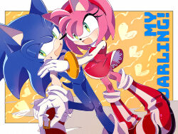 Rule 34 | 1boy, 1girl, 6v6 1212, amy rose, boots, dress, furry, furry female, furry male, gloves, green eyes, heart, hug, looking at another, looking to the side, open mouth, red dress, red footwear, sonic (series), sonic the hedgehog, standing, sweat, white gloves