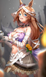 Rule 34 | 1girl, animal ears, bandaged arm, bandaged leg, bandages, bare shoulders, blue eyes, blush, breasts, brown hair, cleavage, doll, flower, hair between eyes, highres, holding, holding doll, horse ears, horse girl, horse tail, long hair, midriff, mummy costume, navel, official alternate costume, open mouth, skirt, smile, solo, sparkle, super creek (chiffon ribbon mummy) (umamusume), super creek (umamusume), tail, umamusume, yu ni t