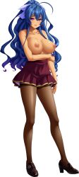 Rule 34 | 1girl, absurdres, ahoge, arm grab, blue hair, breasts, full body, high heels, high ponytail, highres, kurono tomoaki, kutsujoku, large breasts, long hair, miniskirt, nipples, non-web source, official art, open mouth, pantyhose, pleated skirt, purple eyes, red skirt, skirt, solo, standing, tachi-e, topless, toujou mahiro, transparent background, wavy hair