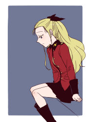 Rule 34 | 1girl, assam (girls und panzer), black footwear, black ribbon, black skirt, blonde hair, blue eyes, boots, closed mouth, commentary request, frown, girls und panzer, grey background, hair pulled back, hair ribbon, highres, jacket, long hair, long sleeves, looking to the side, military, military uniform, miniskirt, outside border, pleated skirt, red jacket, ribbon, sitting, skirt, solo, st. gloriana&#039;s military uniform, torinone, uniform