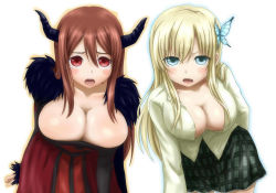 Rule 34 | 10s, 2girls, aqua eyes, blonde hair, blush, boku wa tomodachi ga sukunai, breasts, brown hair, butterfly hair ornament, cleavage, crossover, demon girl, fang, fur trim, hair ornament, horns, kashiwazaki sena, large breasts, leaning forward, long hair, looking at viewer, maou (maoyuu), maoyuu maou yuusha, md5 mismatch, multiple girls, open mouth, red eyes, resolution mismatch, ryuusama, school uniform, season connection, simple background, skirt, source smaller, tears, trait connection, white background