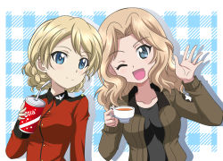 Rule 34 | 2girls, ;d, black shirt, blonde hair, blouse, blue background, blue eyes, braid, braided bun, brown jacket, closed mouth, cola, commentary, cup, darjeeling (girls und panzer), disposable cup, drinking straw, emblem, english text, girls und panzer, hair bun, hair intakes, hanzou, holding, holding cup, insignia, jacket, kay (girls und panzer), leaning to the side, long sleeves, looking at viewer, medium hair, military, military uniform, multiple girls, one eye closed, open clothes, open jacket, open mouth, plaid, plaid background, red jacket, saunders military uniform, shadow, shirt, short hair, side-by-side, smile, st. gloriana&#039;s military uniform, star (symbol), tea, teacup, twin braids, uniform, waving