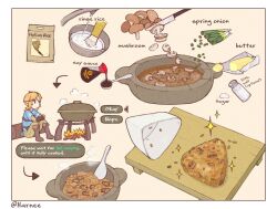 Rule 34 | 1boy, arrow (symbol), bag, basin, blonde hair, blue shirt, boots, border, butter, campfire, chopping, commentary, cooking, cooking pot, cutting board, disembodied limb, english commentary, english text, faucet, food, harnee s, how to, knees up, layered sleeves, link, long sleeves, looking ahead, male focus, mushroom, nintendo, onigiri, pants, paper bag, pointy ears, ponytail, pouring, rice, rinsing, salt shaker, shirt, short over long sleeves, short sleeves, simple background, sitting, solo, soy sauce, soy sauce bottle, sparkle, spoon, spring onion, steam, sugar (food), the legend of zelda, the legend of zelda: breath of the wild, waiting, water