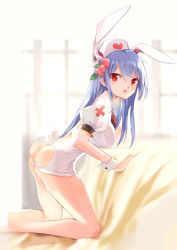 Rule 34 | 1girl, alternate costume, animal ears, arm support, ass, bare legs, blue hair, blush, breasts, commentary request, cross, fake animal ears, fake tail, feet out of frame, food, fruit, hat, heart, heart print, highres, hinanawi tenshi, indoors, kneeling, large breasts, leaf, looking at viewer, naked shirt, neck ribbon, nurse, nurse cap, open mouth, peach, puffy short sleeves, puffy sleeves, rabbit ears, rabbit tail, red cross, red eyes, red ribbon, ribbon, shirt, short sleeves, solo, tail, tetsurou (fe+), thighs, touhou, white shirt, window, wrist cuffs