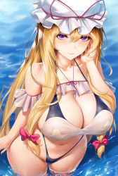 Rule 34 | 1girl, bikini, blonde hair, blush, bow, breasts, cleavage, commentary request, hair between eyes, hair bow, hand up, hat, hat ribbon, highres, large breasts, long hair, looking at viewer, mob cap, nail polish, navel, obaoba (monkeyix), purple eyes, red bow, red nails, red ribbon, ribbon, smile, solo, stomach, swimsuit, touhou, wading, water, white hat, yakumo yukari