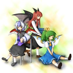 Rule 34 | 3girls, :/, :o, arm support, ascot, bat wings, blue dress, blue hair, book, book stack, bow, chair, crossed legs, daiyousei, dress, dress shirt, fairy wings, feathers, green hair, hair bow, hands on lap, head wings, holding, holding book, horns, ilk, koakuma, light smile, long hair, long sleeves, looking at viewer, multicolored hair, multiple girls, orange eyes, puffy short sleeves, puffy sleeves, red eyes, red hair, ribbon, shirt, shoes, short hair, short sleeves, side ponytail, simple background, sitting, skirt, skirt set, socks, tokiko (touhou), touhou, trait connection, two-tone hair, v arms, vest, walking, white hair, white shirt, wide sleeves, wings, yellow eyes, yellow ribbon
