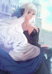 Rule 34 | 1girl, arm warmers, bare shoulders, black dress, blue eyes, breasts, castle, cleavage, cowboy shot, dress, expressionless, gwendolyn (odin sphere), head wings, kokouno oyazi, layered dress, long hair, looking at viewer, medium breasts, odin sphere, solo, strapless, strapless dress, white hair, wings