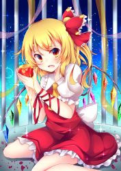 Rule 34 | 1girl, apple, ascot, blonde hair, blush, bow, cage, dress, eyebrows, fang, flandre scarlet, food, frilled dress, frills, fruit, hair bow, highres, holding, holding food, holding fruit, honey, looking at viewer, open mouth, puffy short sleeves, puffy sleeves, red bow, red dress, red eyes, red ribbon, ribbon, short sleeves, side ponytail, sisterakuma, sitting, solo, sparkle, touhou, wariza, wings