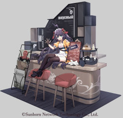 Rule 34 | 1girl, :p, absurdres, ahoge, apron, black gloves, blue eyes, breasts, cafe, chair, chunrijun (springer), cleavage, commentary request, crossed ankles, dress, english text, fingerless gloves, full body, girls&#039; frontline, girls&#039; frontline neural cloud, gloves, hair ornament, high heels, highres, long hair, looking at viewer, medium breasts, menu, official art, on counter, puffy sleeves, purple hair, russian text, short sleeves, sitting, sitting on hair, smile, solo, stechkin (girls&#039; frontline), thighhighs, tongue, tongue out, translated, very long hair, waitress, waving, white apron, yellow dress