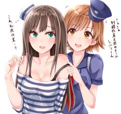 Rule 34 | +++, 2girls, :d, assisted exposure, bare shoulders, blue hat, blush, bra strap, breast pocket, breasts, brown eyes, brown hair, cleavage, collarbone, commentary request, green eyes, hand on another&#039;s shoulder, hat, highres, honda mio, idolmaster, idolmaster cinderella girls, idolmaster cinderella girls starlight stage, light brown hair, long hair, long sleeves, medium breasts, multiple girls, necktie, off-shoulder shirt, off shoulder, open mouth, pocket, police, police hat, police uniform, prison clothes, pulling another&#039;s clothes, red neckwear, shibuya rin, shirt, shirushiru (saitou888), short hair, short sleeves, simple background, sleeves pushed up, smile, strap pull, striped clothes, striped shirt, sweat, tareme, translation request, uniform, upper body, white background, yuri