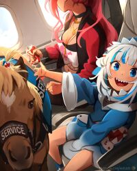 Rule 34 | 2girls, :d, absurdres, airplane interior, animal, bad id, blonde hair, blue eyes, blue hair, blush, breasts, can, cleavage, commentary, dog, english commentary, gawr gura, gawr gura (1st costume), grey hair, hair ornament, highres, holding, holding can, hololive, hololive english, hood, hood up, horse, jacket, jewelry, khyle., large breasts, long sleeves, looking at viewer, mori calliope, mori calliope (streetwear), multicolored hair, multiple girls, necklace, open mouth, patreon username, pink hair, print shirt, red jacket, sharp teeth, shirt, skull print, smile, streaked hair, teeth, tongue, upper teeth only, virtual youtuber, watermark, web address, white hair