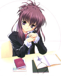 Rule 34 | 00s, 1girl, book, chikage (sister princess), collared shirt, highres, jewelry, unworn jewelry, long sleeves, looking at viewer, necklace, unworn necklace, necktie, open book, parted lips, pen, purple eyes, purple hair, school uniform, shirt, short hair, sister princess, sitting, smile, solo, tenhiro naoto, white shirt