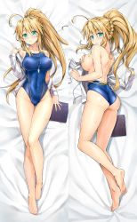 Rule 34 | 1girl, ahoge, artoria pendragon (fate), artoria pendragon (lancer) (fate), ass, barefoot, blush, breasts, clothes pull, collarbone, competition swimsuit, cosplay, covered navel, covering privates, covering one breast, dakimakura (medium), fate/grand order, fate (series), from above, groin, hair between eyes, highres, jacket, jeanne d&#039;arc (fate), jeanne d&#039;arc (ruler) (fate), jeanne d&#039;arc (swimsuit archer) (fate), jeanne d&#039;arc (swimsuit archer) (fate) (cosplay), koyuki (kotatsu358), large breasts, long hair, looking at viewer, multiple views, one-piece swimsuit, one-piece swimsuit pull, shiny skin, swimsuit, toes, very long hair, wet, whistle, whistle around neck