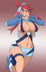 Rule 34 | 1girl, blue eyes, blush, breasts, clothes, clothes grab, creatures (company), female focus, game freak, gloves, grabbing, gradient background, heart, highres, huge breasts, long hair, looking at viewer, nintendo, one eye closed, open mouth, pokemon, pokemon bw, ponytail, red hair, skyla (pokemon), smile, solo, ukaya masaru (artist)