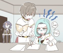 Rule 34 | 1girl, 2boys, aqua eyes, aqua hair, black shirt, blue hair, blue robe, book, breast rest, breasts, breasts on table, brown hair, capelet, cleavage, closed eyes, commentary request, drink, enomoto noa, gold trim, hair bobbles, hair ornament, holding, holding book, holding pen, holding tray, jabuchi you, large breasts, long sleeves, low ponytail, medium hair, multiple boys, no nose, open mouth, orange eyes, pants, papers, pen, red pants, robe, saibou shinkyoku, sanpaku, shirt, short hair, side ponytail, smile, spoken number, stole, sweat, teaching, tokusa riko, translation request, tray, utsugi noriyuki, white capelet, white shirt