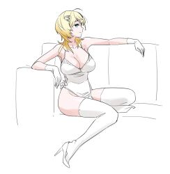 Rule 34 | 1girl, alternate costume, blonde hair, blue eyes, breasts, cleavage, closed mouth, couch, dress, gloves, hair ornament, high heels, kantai collection, large breasts, looking at viewer, pelvic curtain, profile, simple background, sitting, sketch, solo, tamu (mad works), thighhighs, tuscaloosa (kancolle), white background, white dress, white footwear, white gloves, white thighhighs