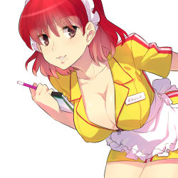 Rule 34 | 1girl, apron, atlus, bad deviantart id, bad id, bent over, breasts, catherine (game), cleavage, covered erect nipples, erica anderson, highres, large breasts, lips, maid headdress, miniskirt, mole, name tag, naso4, notepad, pencil skirt, red hair, short hair, skirt, smile, solo, striped clothes, striped skirt, uniform, vertical-striped clothes, vertical-striped skirt, waitress, yellow skirt