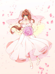 Rule 34 | 1girl, :d, artist name, bare shoulders, bouquet, breasts, bridal veil, bride, brown hair, choker, cleavage, collarbone, commentary, doki doki literature club, dress, english commentary, eyes visible through hair, flower, full body, green eyes, highres, large breasts, long hair, looking at viewer, monika (doki doki literature club), open mouth, petals, ponytail, savi (byakushimc), shoes, smile, solo, strapless, strapless dress, veil, wedding dress, white choker, white dress, white footwear