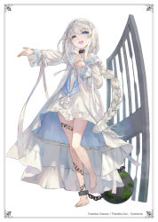 Rule 34 | 1girl, ball and chain restraint, barefoot, blue eyes, collar, dress, geminoa, headband, kobuta, long hair, looking at viewer, open mouth, silver hair, solo, tattoo, white background, white dress