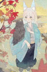 Rule 34 | 1girl, absurdres, animal ears, animal on arm, autumn leaves, bird, bird on arm, blue pants, blurry, blurry foreground, fishofthelakes, grey hair, hand up, haori, highres, japanese clothes, long hair, long sleeves, original, outdoors, owl, pants, puffy pants, short eyebrows, solo, stream, wading, wide sleeves, yellow eyes