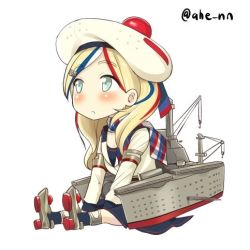 Rule 34 | 10s, 1girl, ahenn, aircraft catapult, anchor hair ornament, beret, blonde hair, blue eyes, blue hair, buttons, commandant teste (kancolle), crane (machine), double-breasted, hair ornament, hat, jacket, kantai collection, long hair, lowres, machinery, matching hair/eyes, multicolored hair, platform footwear, red hair, scarf, sitting, solo, streaked hair, swept bangs, turret, white hair