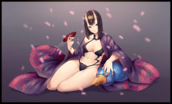 Rule 34 | 1girl, alcohol, black border, black eyes, black hair, black nails, bob cut, border, breasts, cleavage, closed mouth, cup, fate/grand order, fate (series), full body, gourd, gradient background, head tilt, highres, holding, horns, japanese clothes, jewelry, kimono, leaning to the side, looking at viewer, medium breasts, naidong (artist), nail polish, navel, off shoulder, oni, open clothes, open kimono, petals, purple background, sakazuki, sake, short eyebrows, short hair, shuten douji (fate), sitting, skin-covered horns, smile, solo, spill, stomach, thighs, water, wide sleeves, yokozuwari