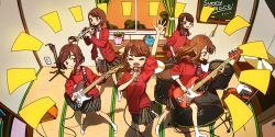 Rule 34 | arm up, blush, brown eyes, brown hair, check copyright, commentary request, copyright request, curtains, cymbals, drum, closed eyes, guitar, highres, indoors, instrument, long hair, long sleeves, microphone, music, open mouth, original, plaid, plaid skirt, plant, pleated skirt, potted plant, profile, red sweater, shadow, short hair, singing, skirt, smile, sweater, tao (tao15102), trumpet, watering can, window
