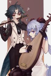 Rule 34 | 1boy, 1girl, ?, blue hair, commentary, flute, fortissimo, ganyu (genshin concert) (genshin impact), ganyu (genshin impact), genshin impact, green hair, hair ornament, highres, holding flute, holding instrument, horns, instrument, long hair, mozu (teluto), music, musical note, musical note hair ornament, official alternate costume, playing instrument, purple eyes, short hair, sitting, symbol-only commentary, xiao (genshin concert) (genshin impact), xiao (genshin impact), yellow eyes