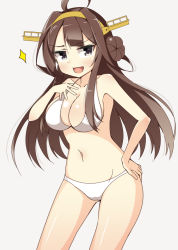 Rule 34 | 10s, 1girl, bad id, bad pixiv id, bikini, black eyes, brown hair, double bun, artistic error, hair bun, hairband, impossible clothes, impossible swimsuit, kankitsunabe (citrus), kantai collection, kongou (kancolle), long hair, solo, standing, swimsuit