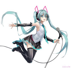 Rule 34 | 1girl, absurdres, aqua eyes, aqua hair, black thighhighs, detached sleeves, floating hair, hair between eyes, hatsune miku, hatsune miku (vocaloid4), headphones, high heels, highres, long hair, microphone, microphone stand, nail polish, necktie, open mouth, outstretched arm, shibatadtm, simple background, skirt, solo, thighhighs, twintails, twitter username, very long hair, vocaloid, white background