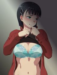 Rule 34 | 1girl, black hair, black shirt, blunt bangs, blush, bob cut, bra, breasts, cleavage, clenched teeth, clothes lift, commentary, floral print, gradient background, green bra, green eyes, grimace, groin, hair ornament, hairclip, hands up, highres, jacket, kirigaya suguha, large breasts, lifted by self, long sleeves, looking to the side, navel, nose blush, open clothes, open jacket, parted lips, puge, red jacket, shiny skin, shirt, shirt lift, short hair, solo, standing, stomach, sword art online, tearing up, tears, teeth, track jacket, underwear, upper body
