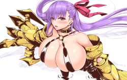 Rule 34 | 10s, 1girl, akitsuki karasu, blush, breasts, claws, collar, collarbone, fate/extra, fate/extra ccc, fate (series), from above, gauntlets, hair ribbon, huge breasts, long hair, looking at viewer, looking up, o-ring, o-ring top, parted lips, partially submerged, passionlip (fate), pink eyes, purple hair, red ribbon, revealing clothes, ribbon, solo, tearing up, very long hair