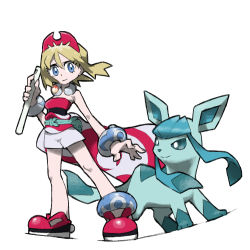 Rule 34 | 1girl, anklet, bare shoulders, blacknirrow, blonde hair, blue eyes, bracelet, celestica flute, closed mouth, commentary, creatures (company), english commentary, flute, full body, game freak, gen 4 pokemon, glaceon, hair between eyes, hairband, holding, holding instrument, instrument, irida (pokemon), jewelry, legs apart, neck ring, nintendo, pokemon, pokemon (creature), pokemon legends: arceus, red footwear, red hairband, shirt, shoes, short hair, shorts, simple background, standing, strapless, strapless shirt, waist cape, white background, white shorts