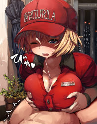 Rule 34 | 1boy, 1girl, :o, bad id, bad pixiv id, baseball cap, belko, between legs, blonde hair, bottomless, grabbing another&#039;s breast, breasts, censored, collarbone, cum, ejaculation, employee uniform, eyelashes, fast food uniform, grabbing, hat, hetero, large breasts, looking down, mosaic censoring, motion lines, name tag, one eye closed, original, paizuri, paizuri under clothes, penis, plant, potted plant, projectile cum, pun, revision, shinjin-chan (belko), short hair, trembling, umbrella, uniform, wristband