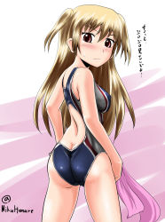 Rule 34 | 1girl, alisa reinford, ass, blonde hair, breasts, butt crack, competition swimsuit, eiyuu densetsu, falcom, female focus, from behind, highres, homare (suzu no oka), long hair, one-piece swimsuit, red eyes, sen no kiseki, solo, swimsuit, towel, translated, two side up