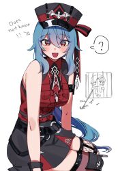 1girl :3 ? asymmetrical_legwear bare_arms bare_shoulders bianca_(black_survival) black_hat black_skirt black_survival blue_hair breast_pocket breasts brown_thighhighs center_frills collared_shirt cross-shaped_pupils eternal_return:_black_survival fangs fishnet_thighhighs fishnets frills hair_between_eyes hat highres long_hair looking_at_viewer low_ponytail medium_breasts miniskirt official_alternate_costume open_mouth peaked_cap pocket red_eyes red_shirt shirt skirt sleeveless sleeveless_shirt smile solo spoken_question_mark symbol-shaped_pupils taenyaki thighhighs very_long_hair whistle whistle_around_neck zettai_ryouiki