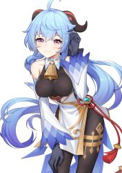 Rule 34 | absurdres, ahoge, bare shoulders, bell, bent over, black gloves, black legwear, blue hair, blush, breasts, chinese knot, cowboy shot, cube 981, curled horns, detached sleeves, ganyu (genshin impact), genshin impact, gloves, gold trim, tucking hair, hand in own hair, hand on own knee, highres, horns, leaning, leaning forward, long hair, looking at viewer, medium breasts, multicolored eyes, neck bell, sidelocks, smile, solo, tassel, thighlet, very long hair, vision (genshin impact), white background, white sleeves
