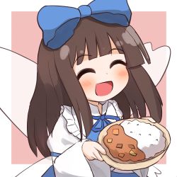 Rule 34 | 1girl, :d, blunt bangs, blush, bow, brown hair, closed eyes, collared dress, coruthi, curry, curry rice, dress, fairy wings, food, frilled shirt collar, frills, hair bow, holding, holding food, holding plate, juliet sleeves, long hair, long sleeves, neck ribbon, open mouth, plate, puffy sleeves, ribbon, rice, smile, solo, star sapphire, touhou, wide sleeves, wings