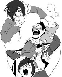 Rule 34 | 1boy, 1girl, ?, bag, blush, breast press, breasts, closed eyes, couple, drooling, dumpling, eating, eye contact, eyebrows, flying sweatdrops, food, gigantic breasts, happy, holding, holding bag, holding food, kukeiha (squarewave29), looking at another, miniskirt, monochrome, motion lines, nervous, nervous sweating, open mouth, original, short hair, skirt, surprised, sweat, thick thighs, thighs, white background, wide hips